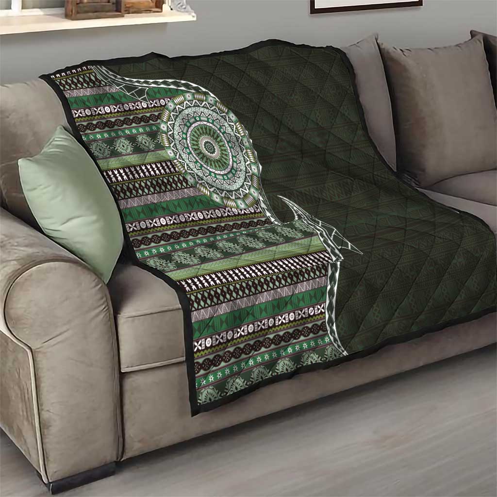 Fijian Masi Tribal Tattoos Art Pattern Quilt Green Color Half Style - Polynesian Pride