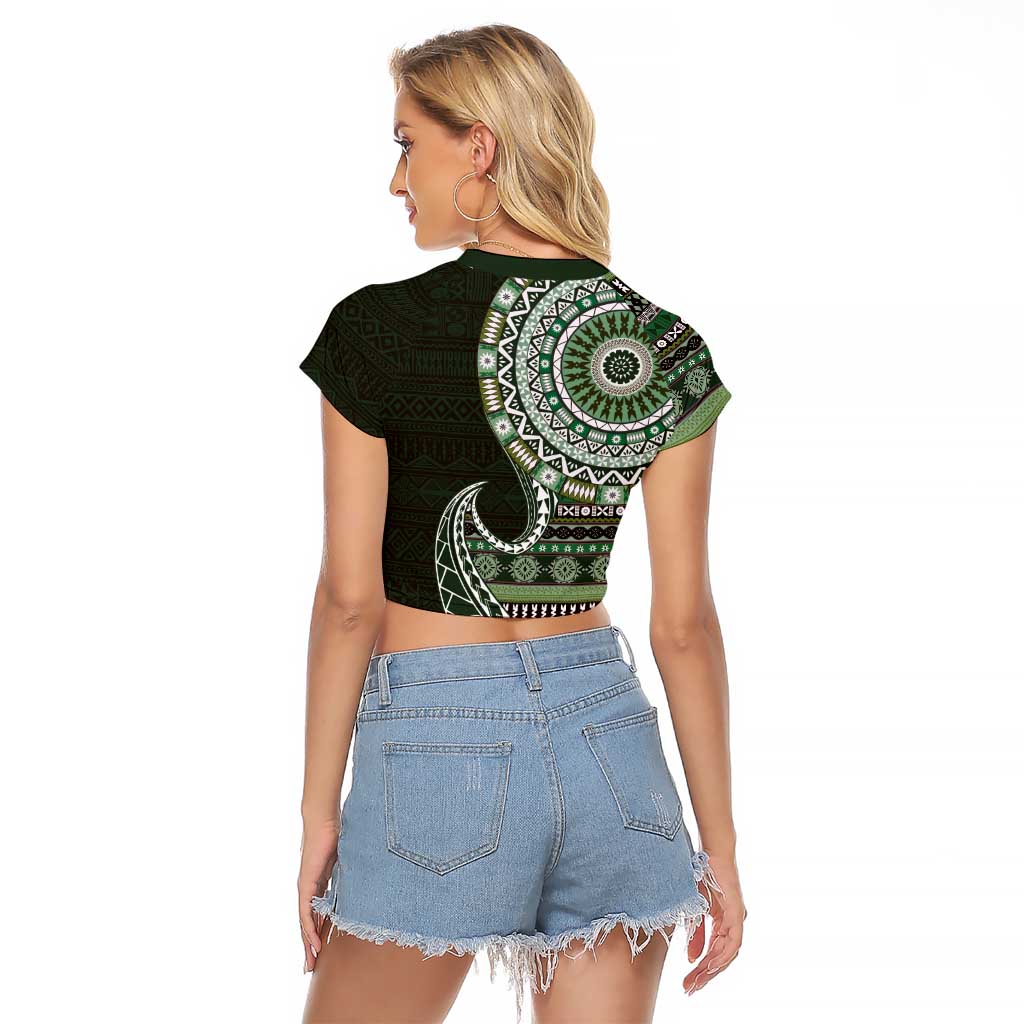 Fijian Masi Tribal Tattoos Art Pattern Raglan Cropped T Shirt Green Color Half Style - Polynesian Pride