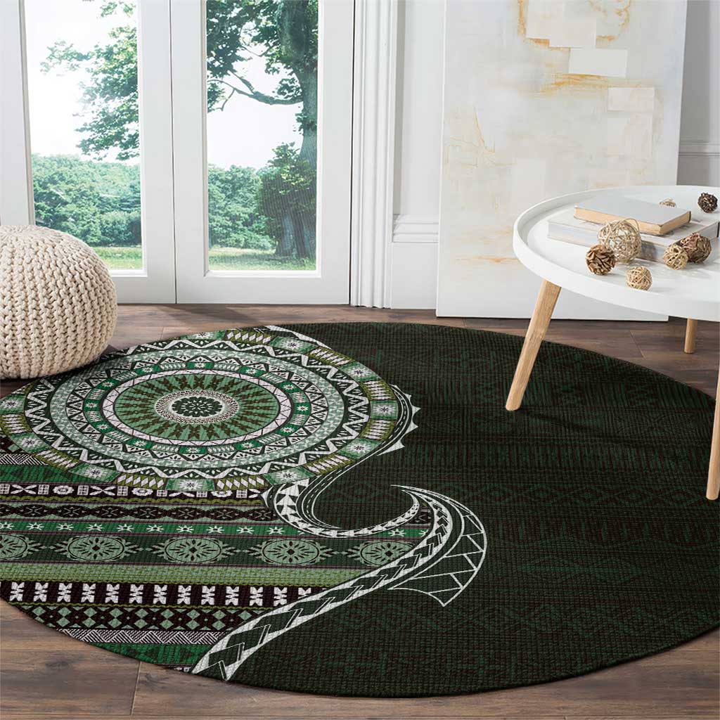 Fijian Masi Tribal Tattoos Art Pattern Round Carpet Green Color Half Style - Polynesian Pride