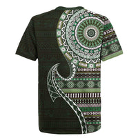Fijian Masi Tribal Tattoos Art Pattern Rugby Jersey Green Color Half Style - Polynesian Pride