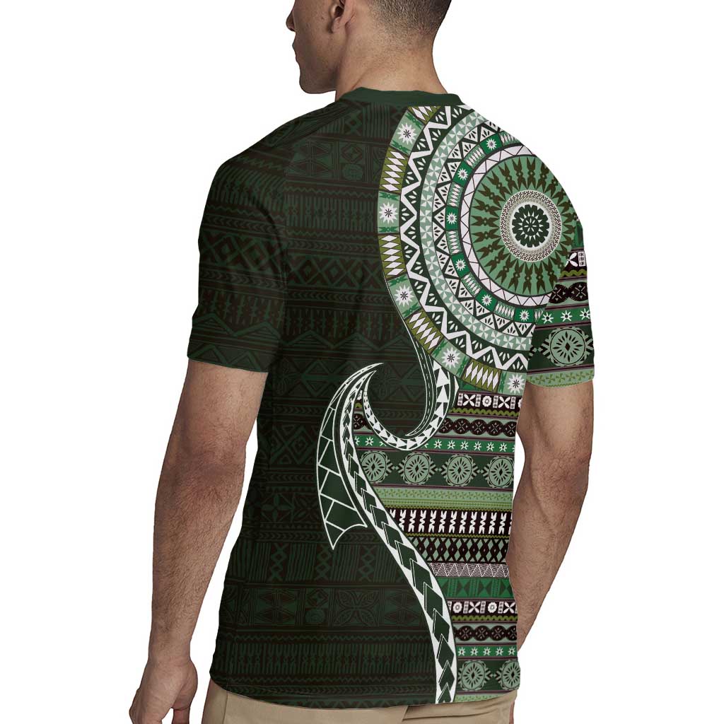Fijian Masi Tribal Tattoos Art Pattern Rugby Jersey Green Color Half Style - Polynesian Pride