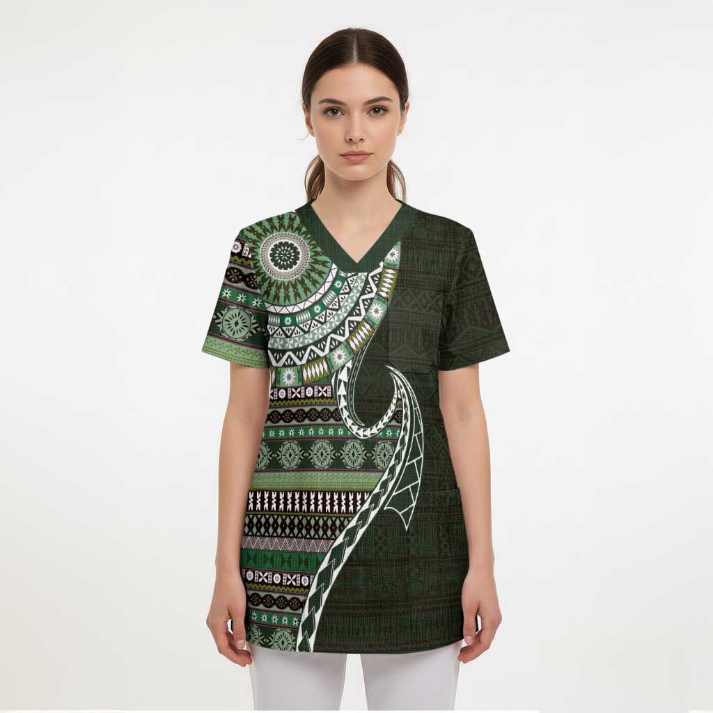 Fijian Masi Tribal Tattoos Art Pattern Scrub Top Green Color Half Style - Polynesian Pride