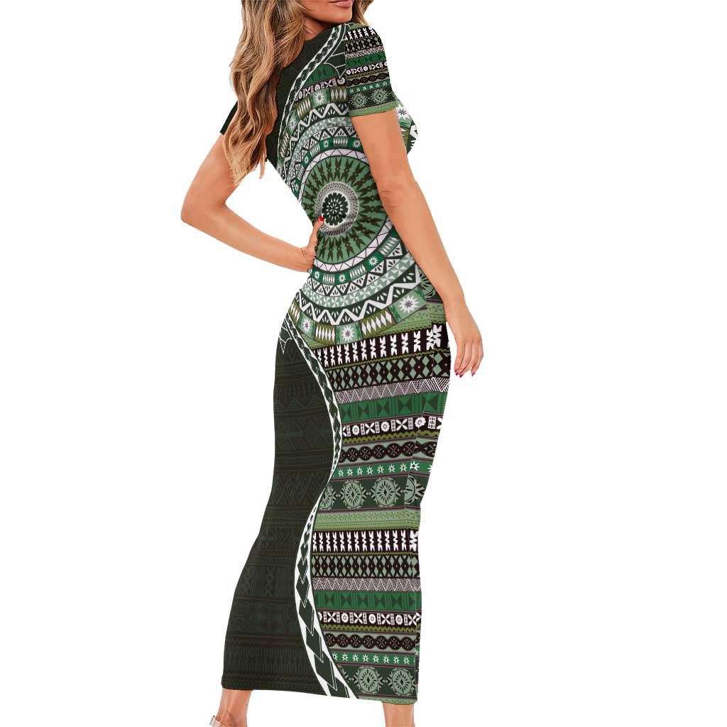 Fijian Masi Tribal Tattoos Art Pattern Short Sleeve Bodycon Dress Green Color Half Style - Polynesian Pride