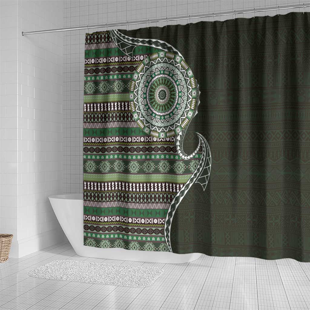 Fijian Masi Tribal Tattoos Art Pattern Shower Curtain Green Color Half Style - Polynesian Pride