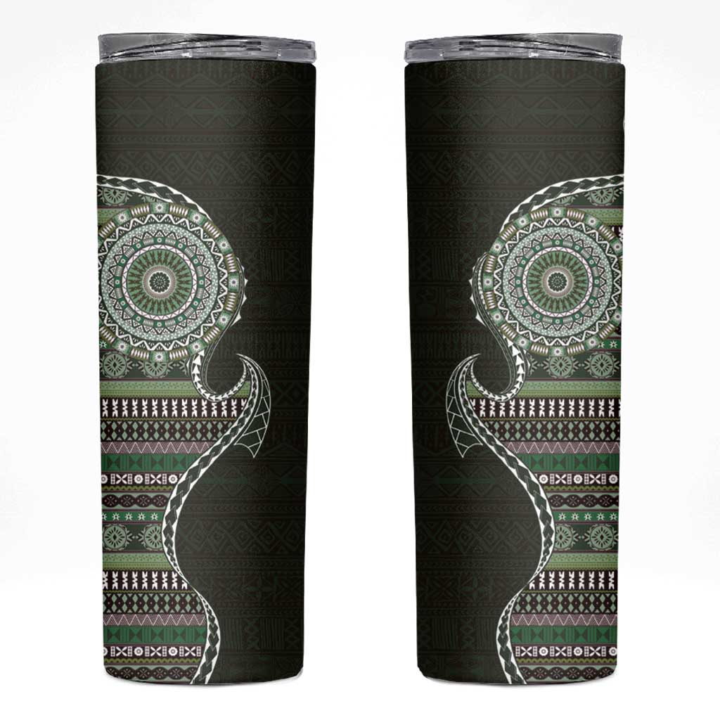 Fijian Masi Tribal Tattoos Art Pattern Skinny Tumbler Green Color Half Style - Polynesian Pride