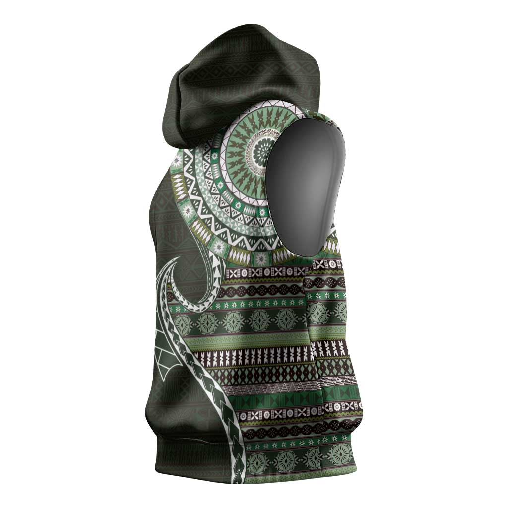 Fijian Masi Tribal Tattoos Art Pattern Sleeveless Hoodie Green Color Half Style - Polynesian Pride