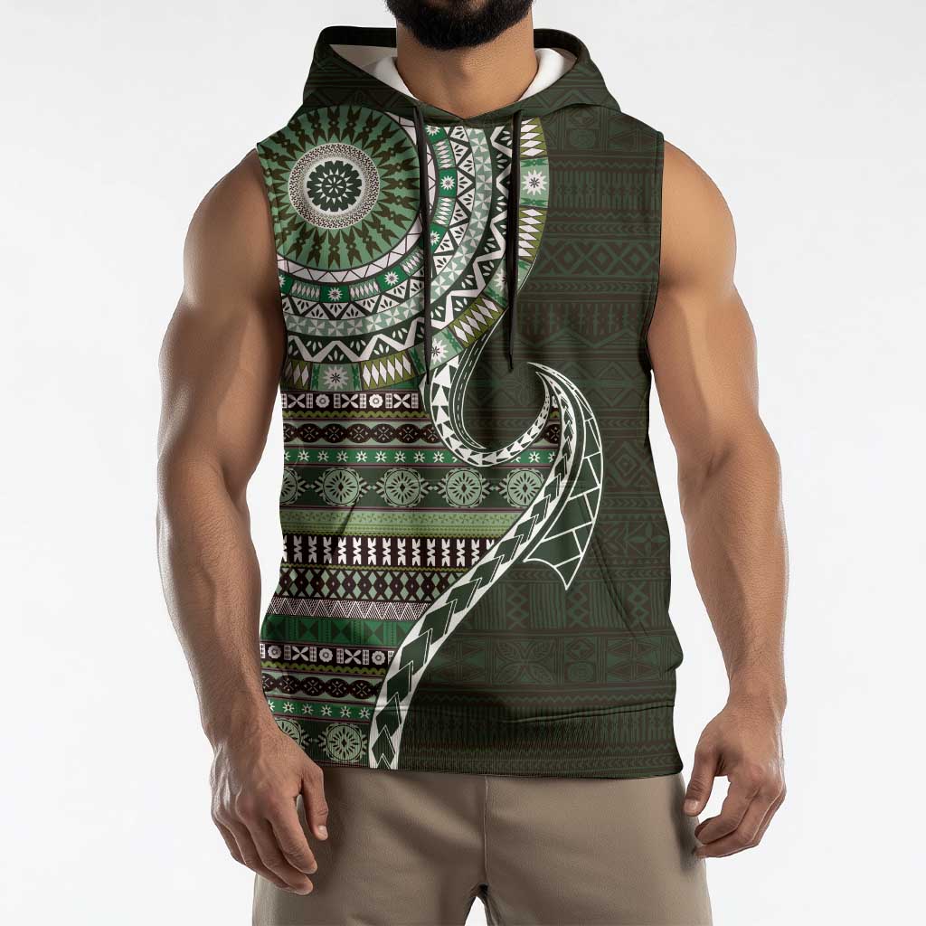 Fijian Masi Tribal Tattoos Art Pattern Sleeveless Hoodie Green Color Half Style - Polynesian Pride