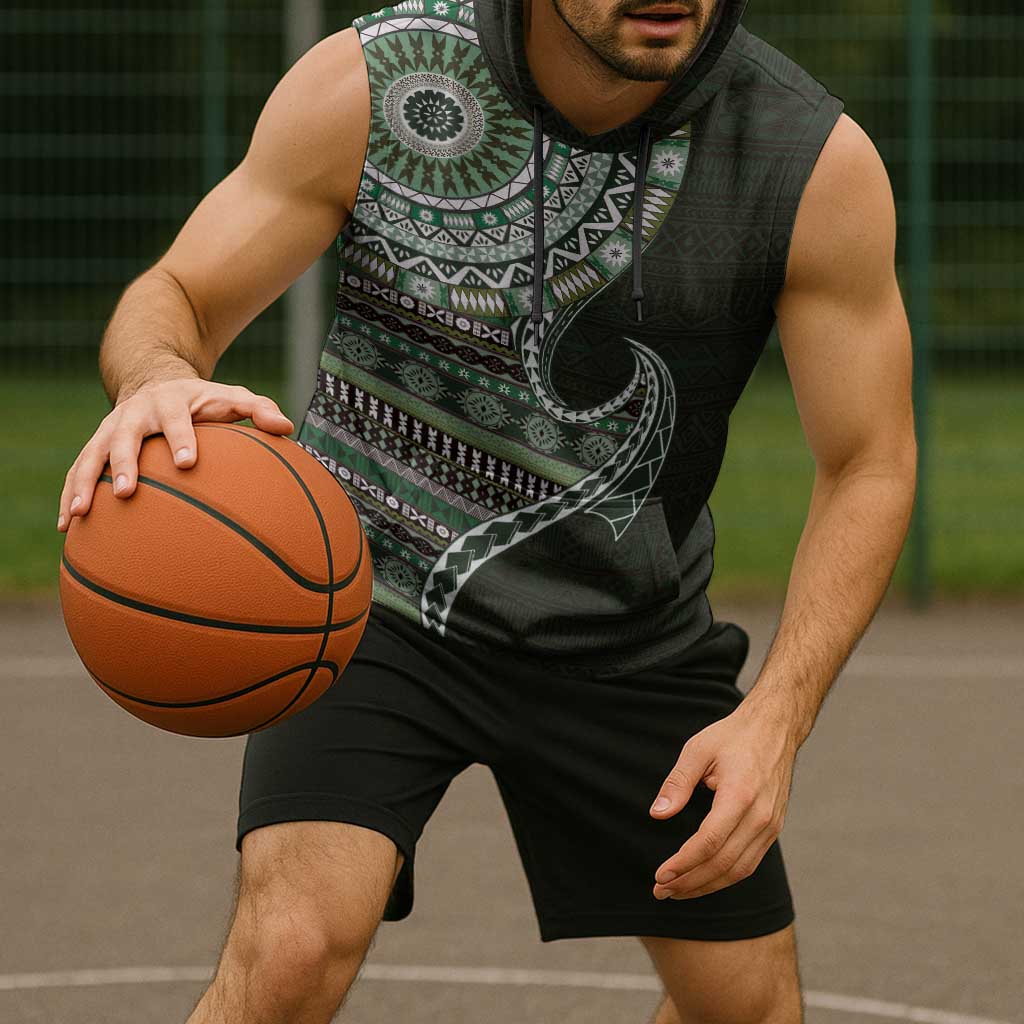 Fijian Masi Tribal Tattoos Art Pattern Sleeveless Hoodie Green Color Half Style - Polynesian Pride