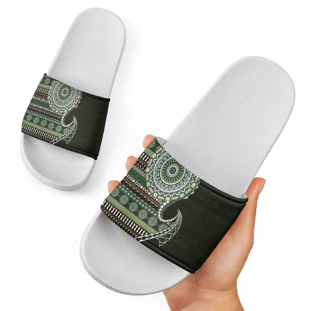 Fijian Masi Tribal Tattoos Art Pattern Slide Sandals Green Color Half Style - Polynesian Pride