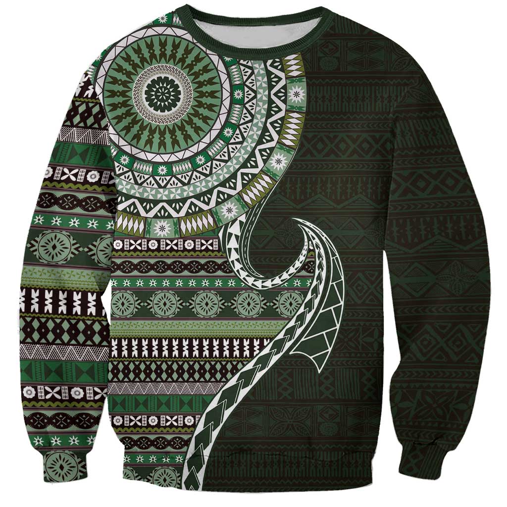 Fijian Masi Tribal Tattoos Art Pattern Sweatshirt Green Color Half Style - Polynesian Pride