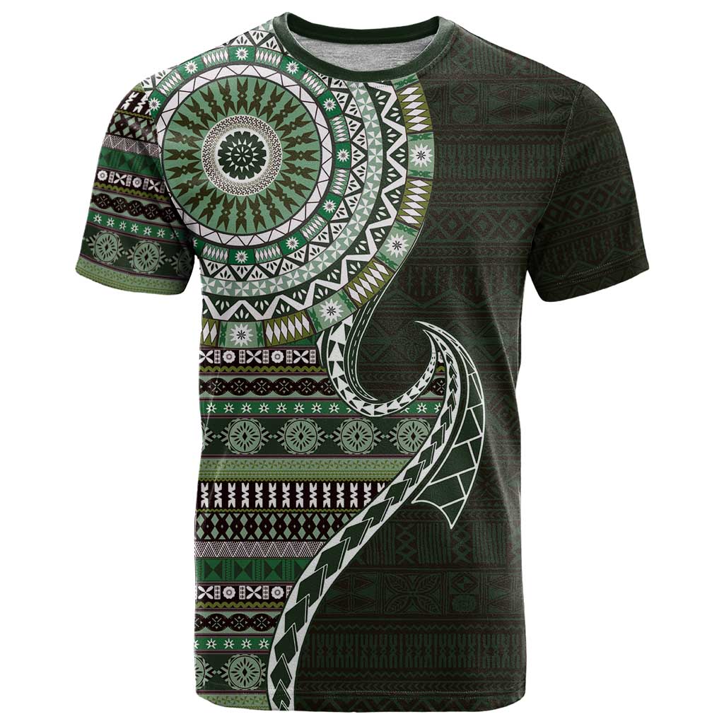 Fijian Masi Tribal Tattoos Art Pattern T Shirt Green Color Half Style - Polynesian Pride