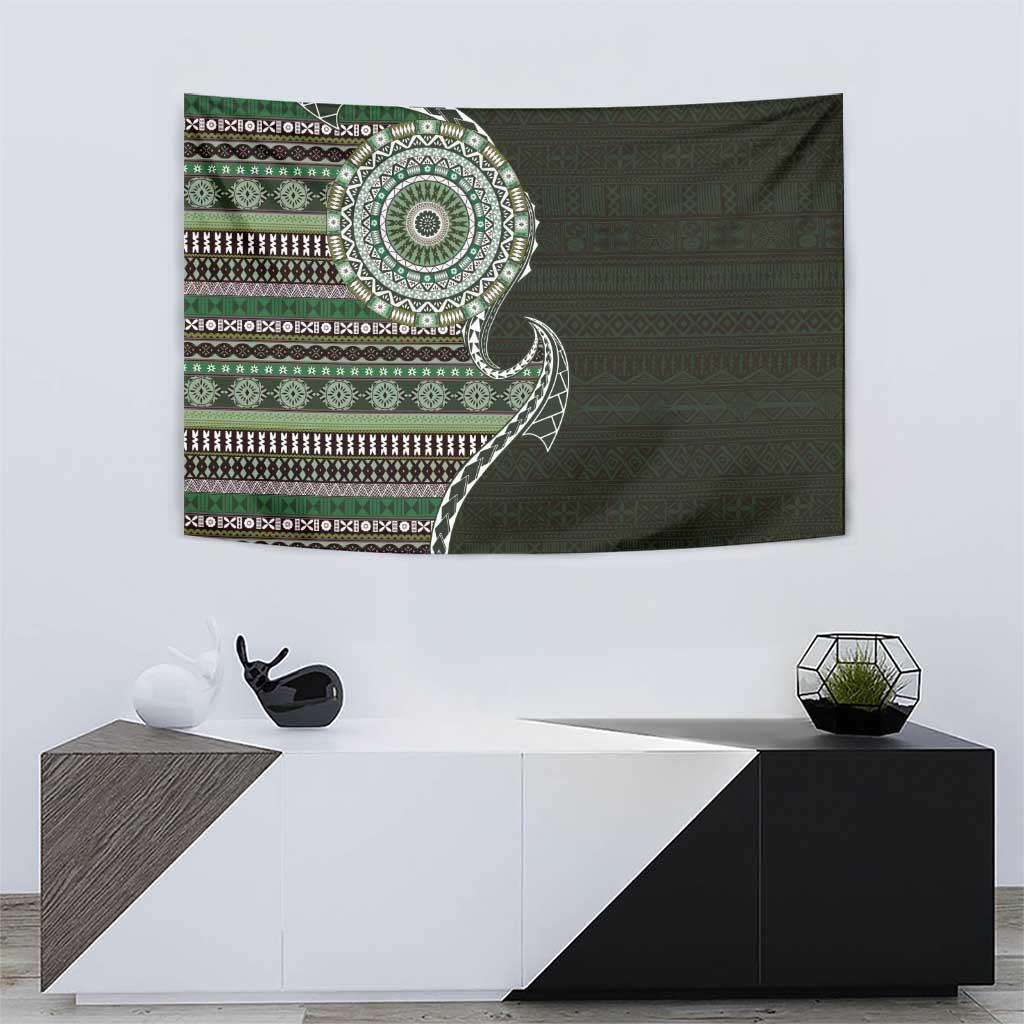 Fijian Masi Tribal Tattoos Art Pattern Tapestry Green Color Half Style - Polynesian Pride