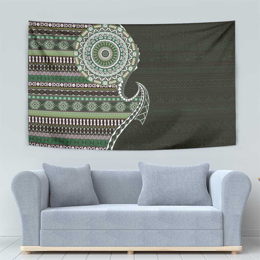 Fijian Masi Tribal Tattoos Art Pattern Tapestry Green Color Half Style - Polynesian Pride