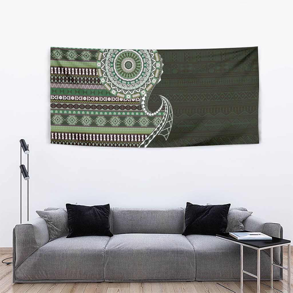 Fijian Masi Tribal Tattoos Art Pattern Tapestry Green Color Half Style - Polynesian Pride
