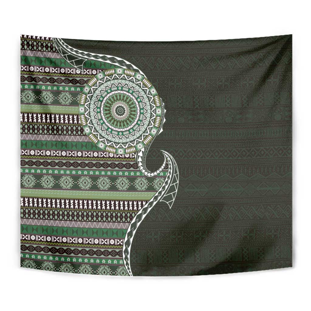 Fijian Masi Tribal Tattoos Art Pattern Tapestry Green Color Half Style - Polynesian Pride