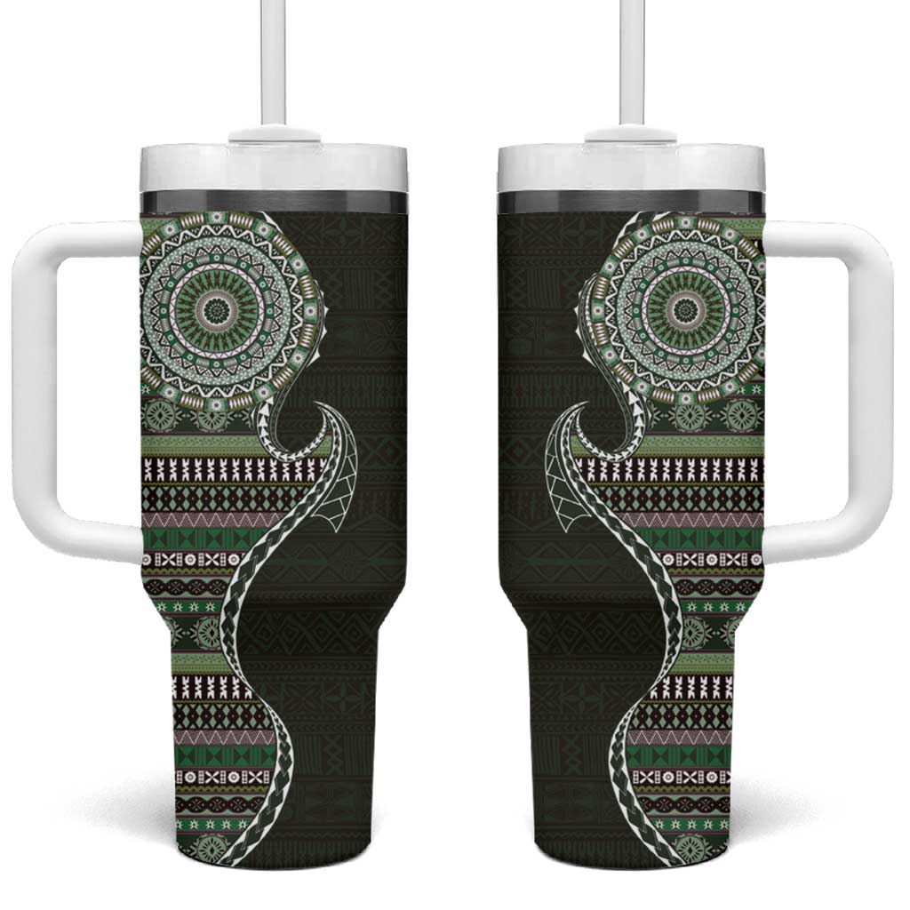 Fijian Masi Tribal Tattoos Art Pattern Tumbler With Handle Green Color Half Style - Polynesian Pride