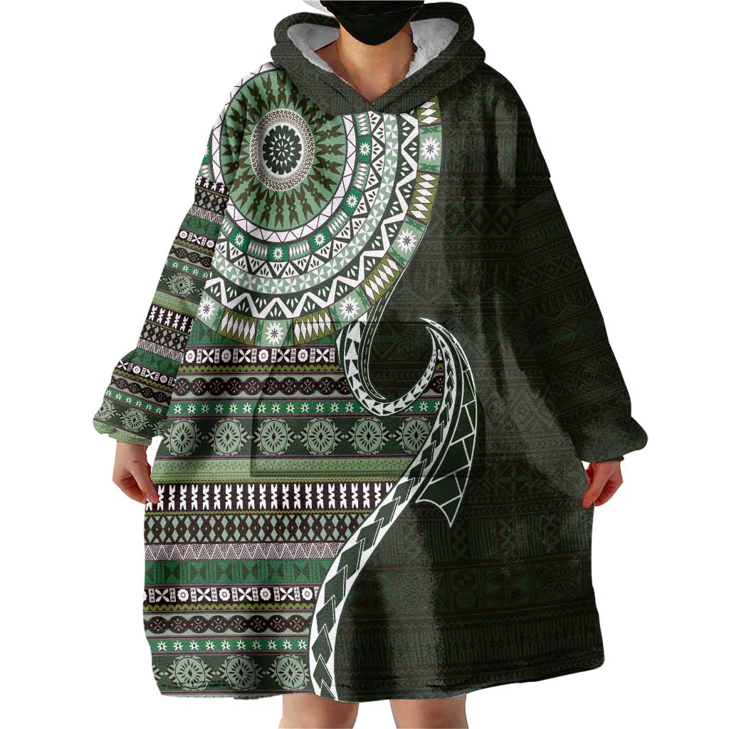 Fijian Masi Tribal Tattoos Art Pattern Wearable Blanket Hoodie Green Color Half Style - Polynesian Pride