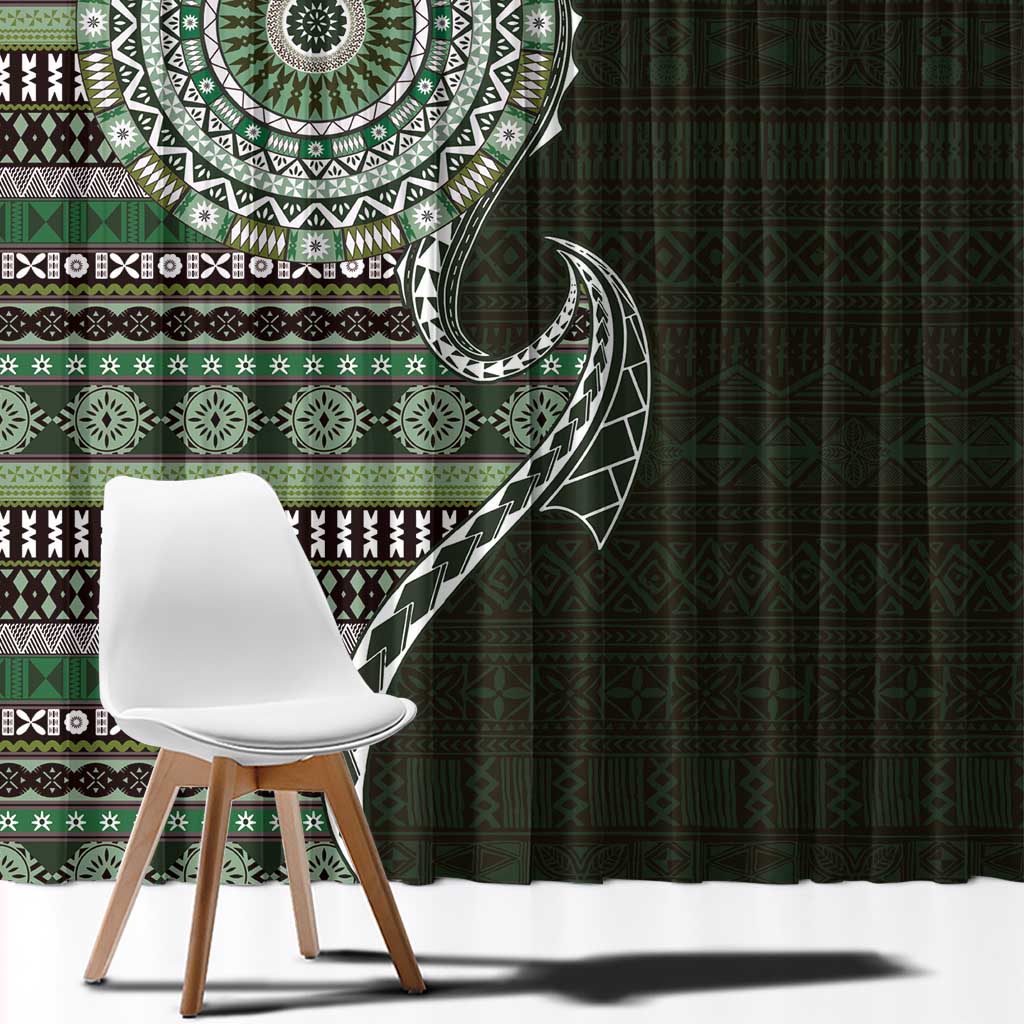 Fijian Masi Tribal Tattoos Art Pattern Window Curtain Green Color Half Style LT03 - Polynesian Pride