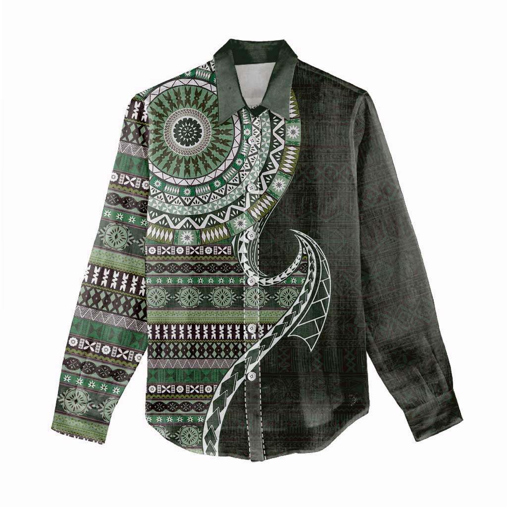 Fijian Masi Tribal Tattoos Art Pattern Women Casual Shirt Green Color Half Style - Polynesian Pride