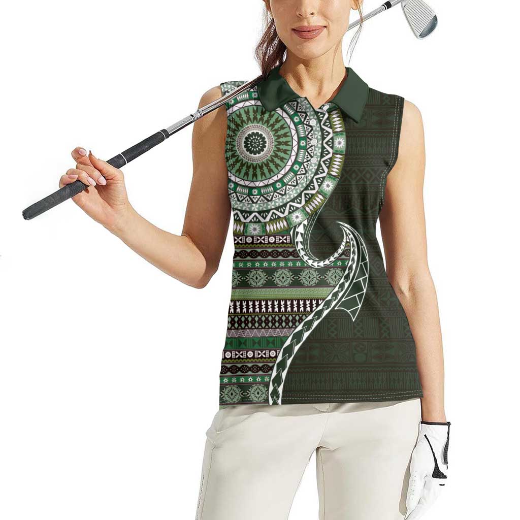 Fijian Masi Tribal Tattoos Art Pattern Women Sleeveless Polo Shirt Green Color Half Style - Polynesian Pride