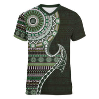 Fijian Masi Tribal Tattoos Art Pattern Women V-Neck T-Shirt Green Color Half Style - Polynesian Pride