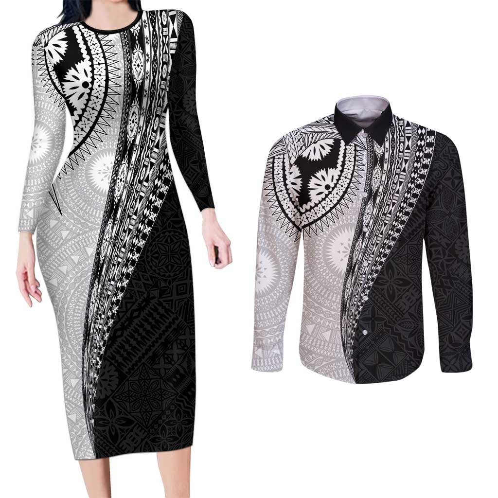 Fijian Masi Tattoos Couples Matching Long Sleeve Bodycon Dress and Long Sleeve Button Shirt with Tapa Tribal Pattern - Polynesian Pride
