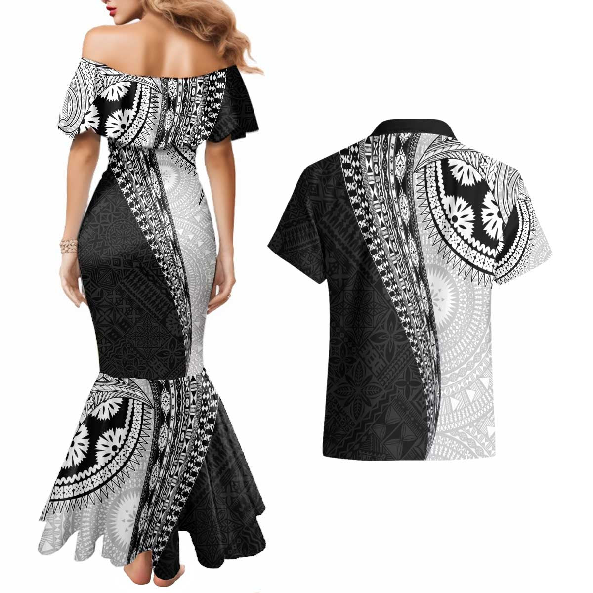 Fijian Masi Tattoos Couples Matching Mermaid Dress and Hawaiian Shirt with Tapa Tribal Pattern - Polynesian Pride