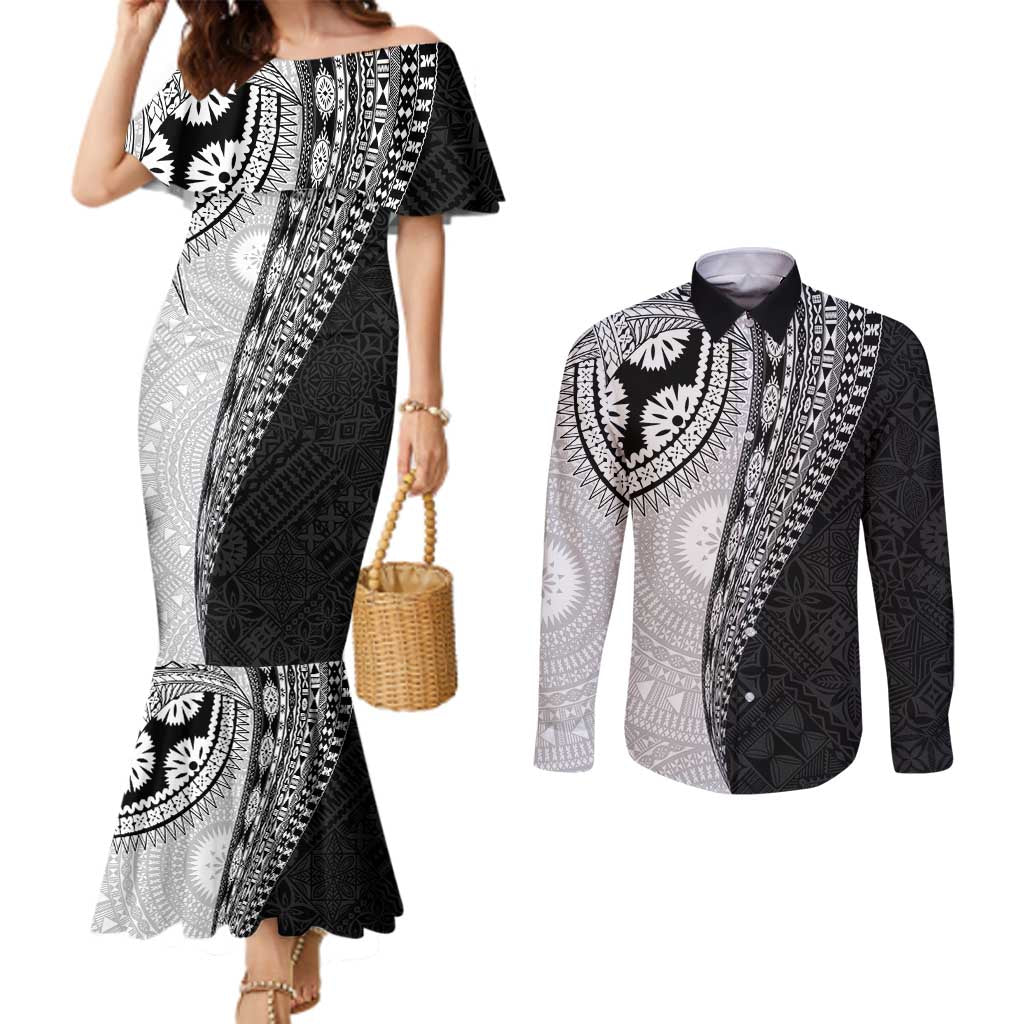 Fijian Masi Tattoos Couples Matching Mermaid Dress and Long Sleeve Button Shirt with Tapa Tribal Pattern - Polynesian Pride