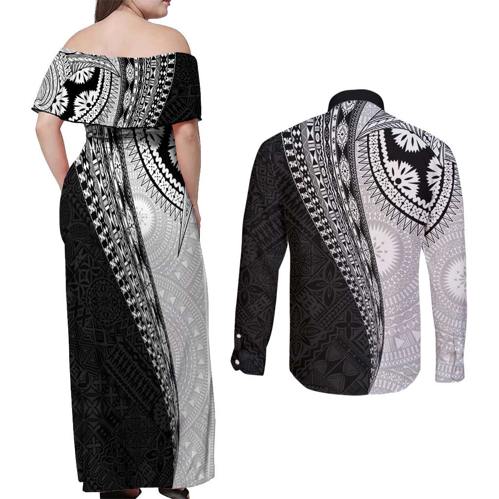 Fijian Masi Tattoos Couples Matching Off Shoulder Maxi Dress and Long Sleeve Button Shirt with Tapa Tribal Pattern - Polynesian Pride
