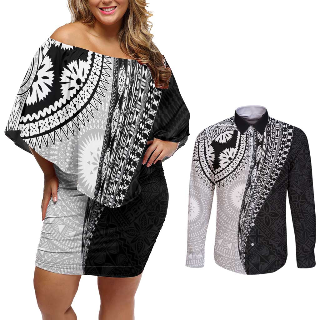 Fijian Masi Tattoos Couples Matching Off Shoulder Short Dress and Long Sleeve Button Shirt with Tapa Tribal Pattern - Polynesian Pride