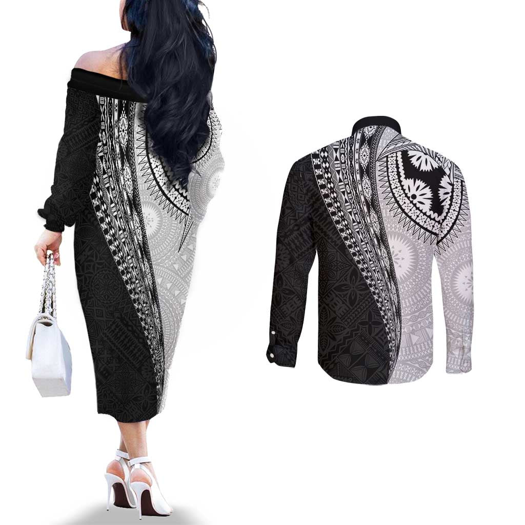 Fijian Masi Tattoos Couples Matching Off The Shoulder Long Sleeve Dress and Long Sleeve Button Shirt with Tapa Tribal Pattern - Polynesian Pride