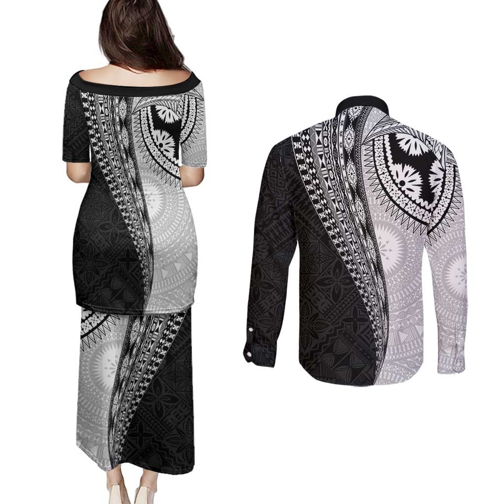 Fijian Masi Tattoos Couples Matching Puletasi and Long Sleeve Button Shirt with Tapa Tribal Pattern - Polynesian Pride