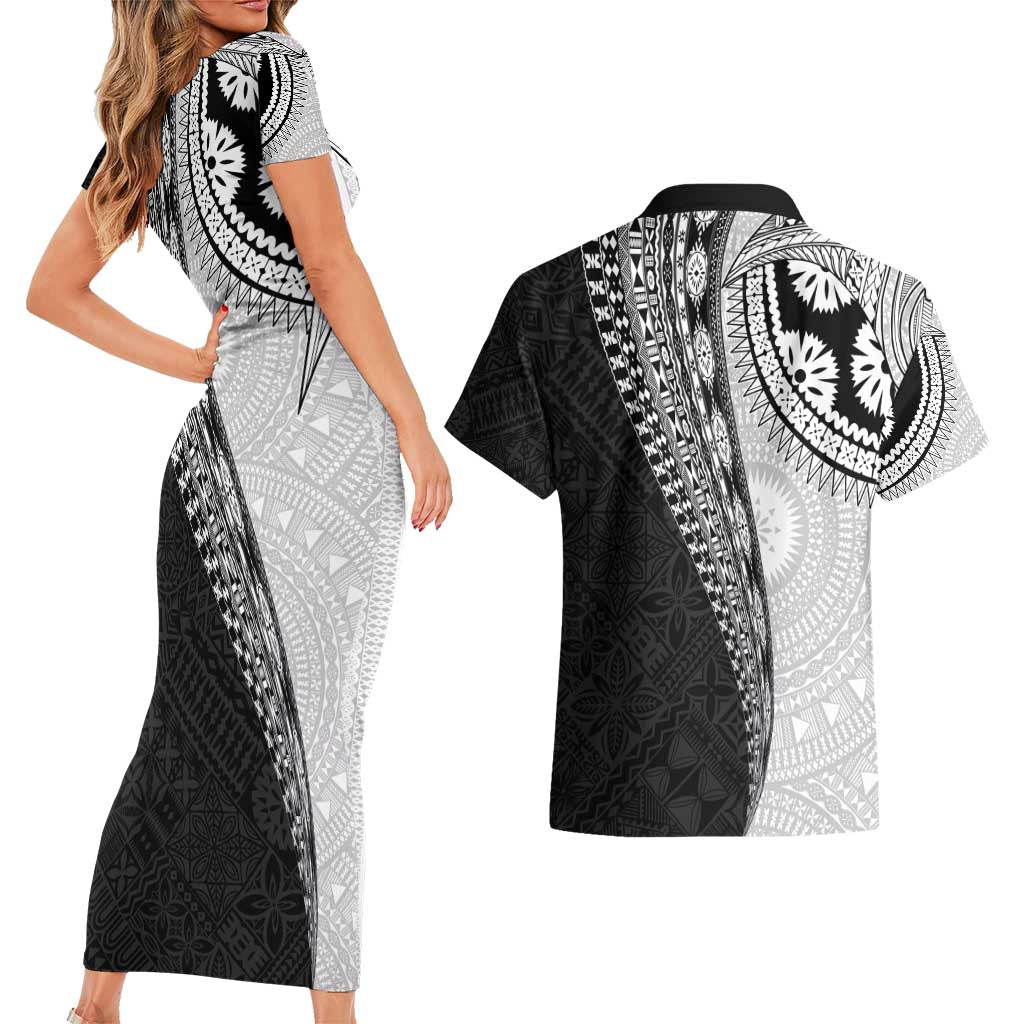 Fijian Masi Tattoos Couples Matching Short Sleeve Bodycon Dress and Hawaiian Shirt with Tapa Tribal Pattern - Polynesian Pride