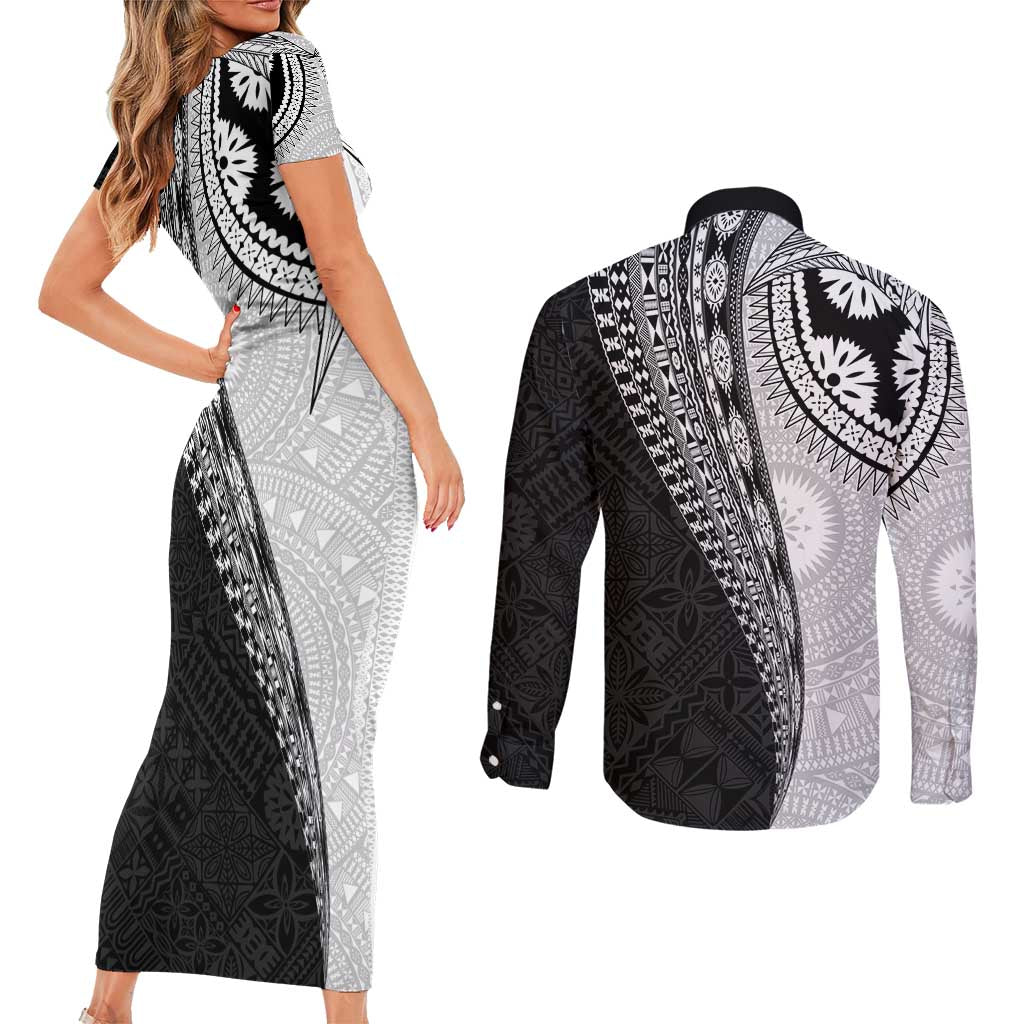 Fijian Masi Tattoos Couples Matching Short Sleeve Bodycon Dress and Long Sleeve Button Shirt with Tapa Tribal Pattern - Polynesian Pride