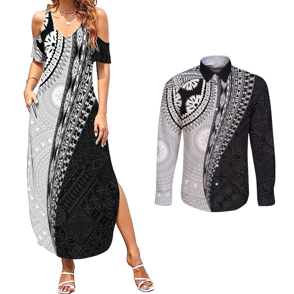 Fijian Masi Tattoos Couples Matching Summer Maxi Dress and Long Sleeve Button Shirt with Tapa Tribal Pattern - Polynesian Pride