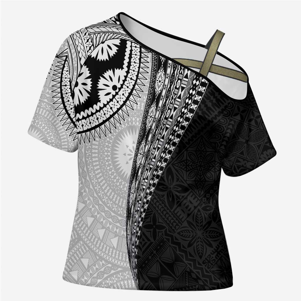 Fijian Masi Tattoos Cross Shoulder Shirt with Tapa Tribal Pattern - Polynesian Pride