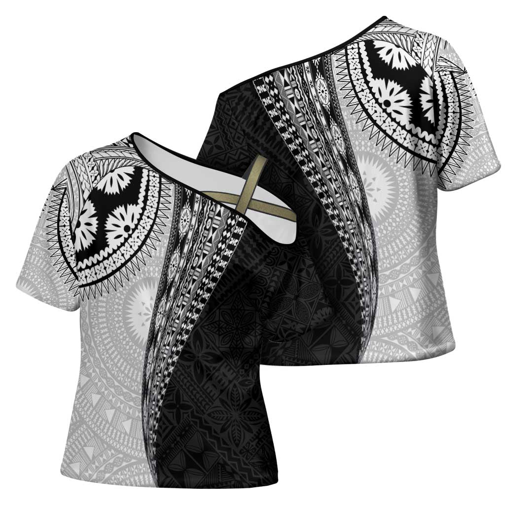 Fijian Masi Tattoos Cross Shoulder Shirt with Tapa Tribal Pattern - Polynesian Pride
