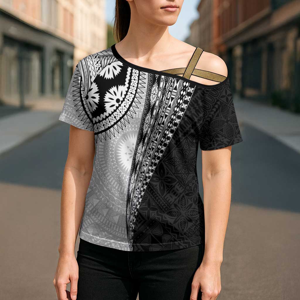 Fijian Masi Tattoos Cross Shoulder Shirt with Tapa Tribal Pattern - Polynesian Pride