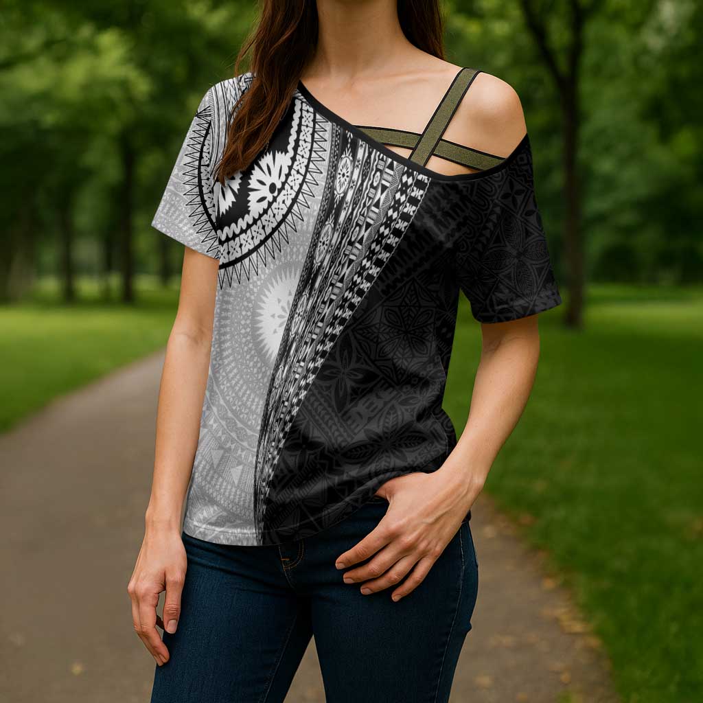 Fijian Masi Tattoos Cross Shoulder Shirt with Tapa Tribal Pattern - Polynesian Pride