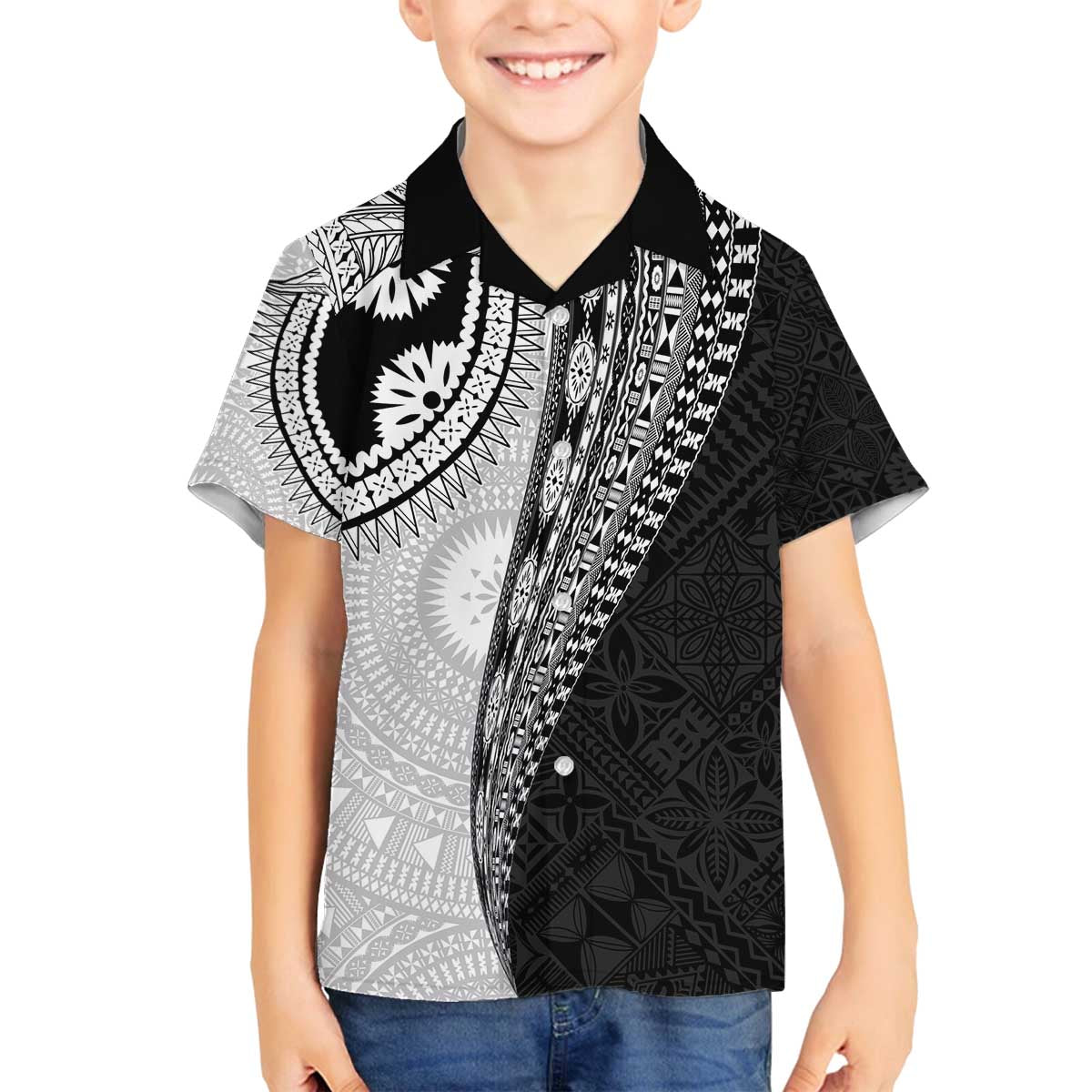 Fijian Masi Tattoos Family Matching Off The Shoulder Long Sleeve Dress and Hawaiian Shirt with Tapa Tribal Pattern - Polynesian Pride