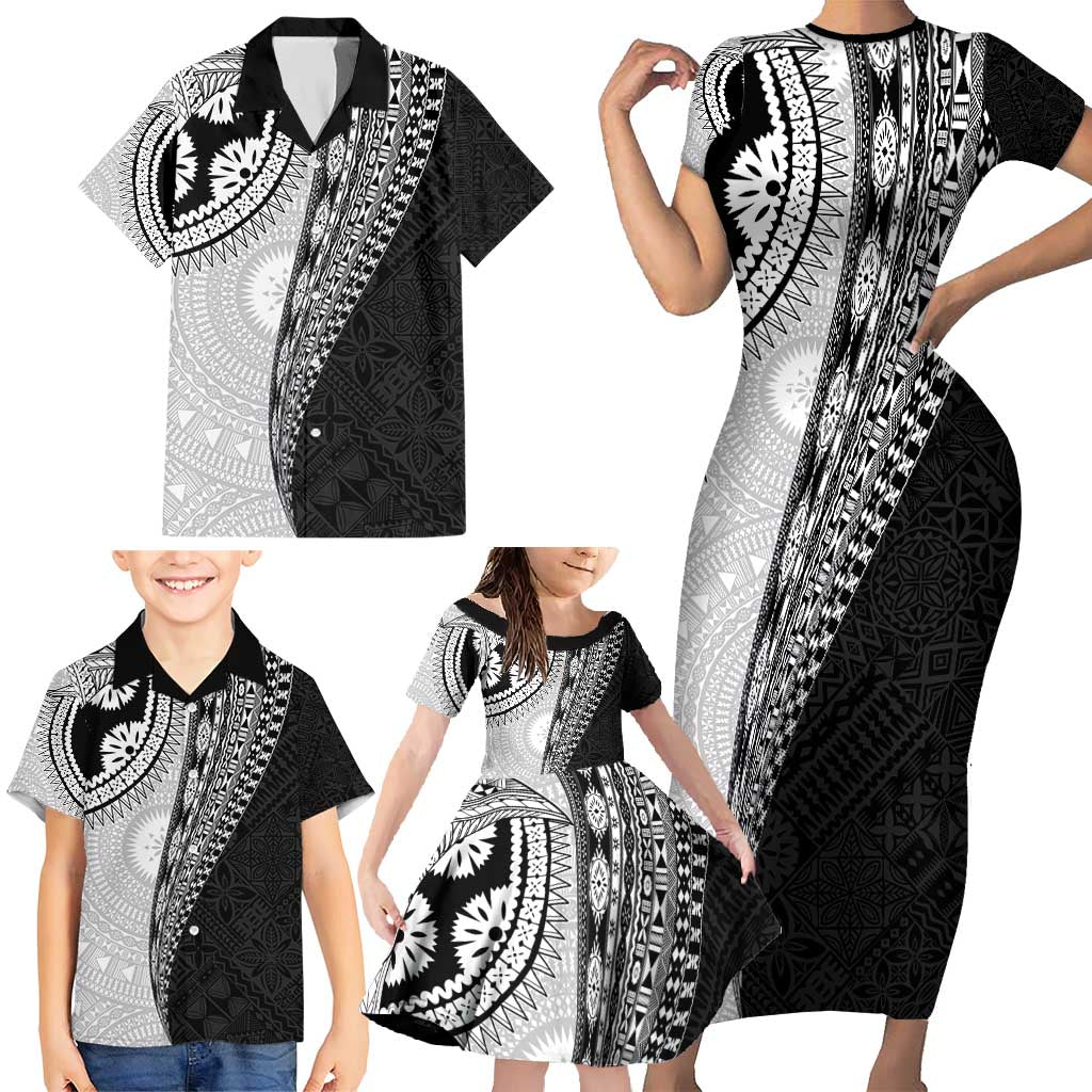 Fijian Masi Tattoos Family Matching Short Sleeve Bodycon Dress and Hawaiian Shirt with Tapa Tribal Pattern - Polynesian Pride