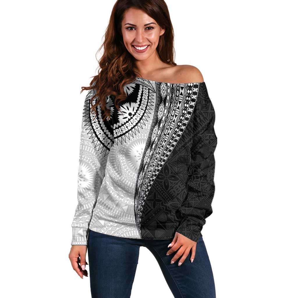 Fijian Masi Tattoos Off Shoulder Sweater with Tapa Tribal Pattern - Polynesian Pride