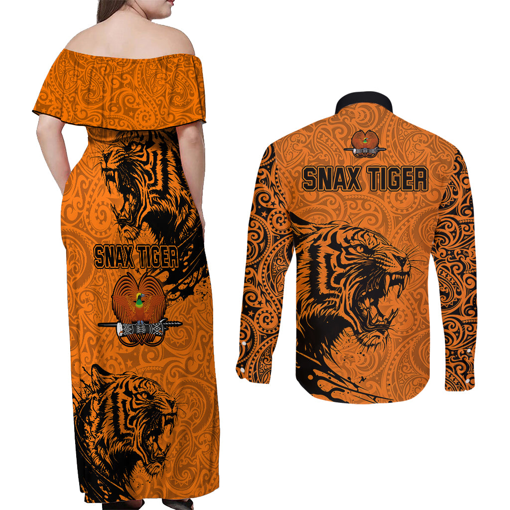 PNG Lae Snax Tigers Rugby Couples Matching Off Shoulder Maxi Dress and Long Sleeve Button Shirts The Tigers Head and PNG Bird Polynesian Tattoo LT03 - Polynesian Pride