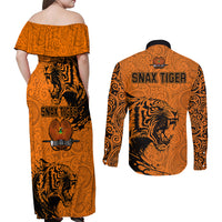 PNG Lae Snax Tigers Rugby Couples Matching Off Shoulder Maxi Dress and Long Sleeve Button Shirts The Tigers Head and PNG Bird Polynesian Tattoo LT03 - Polynesian Pride