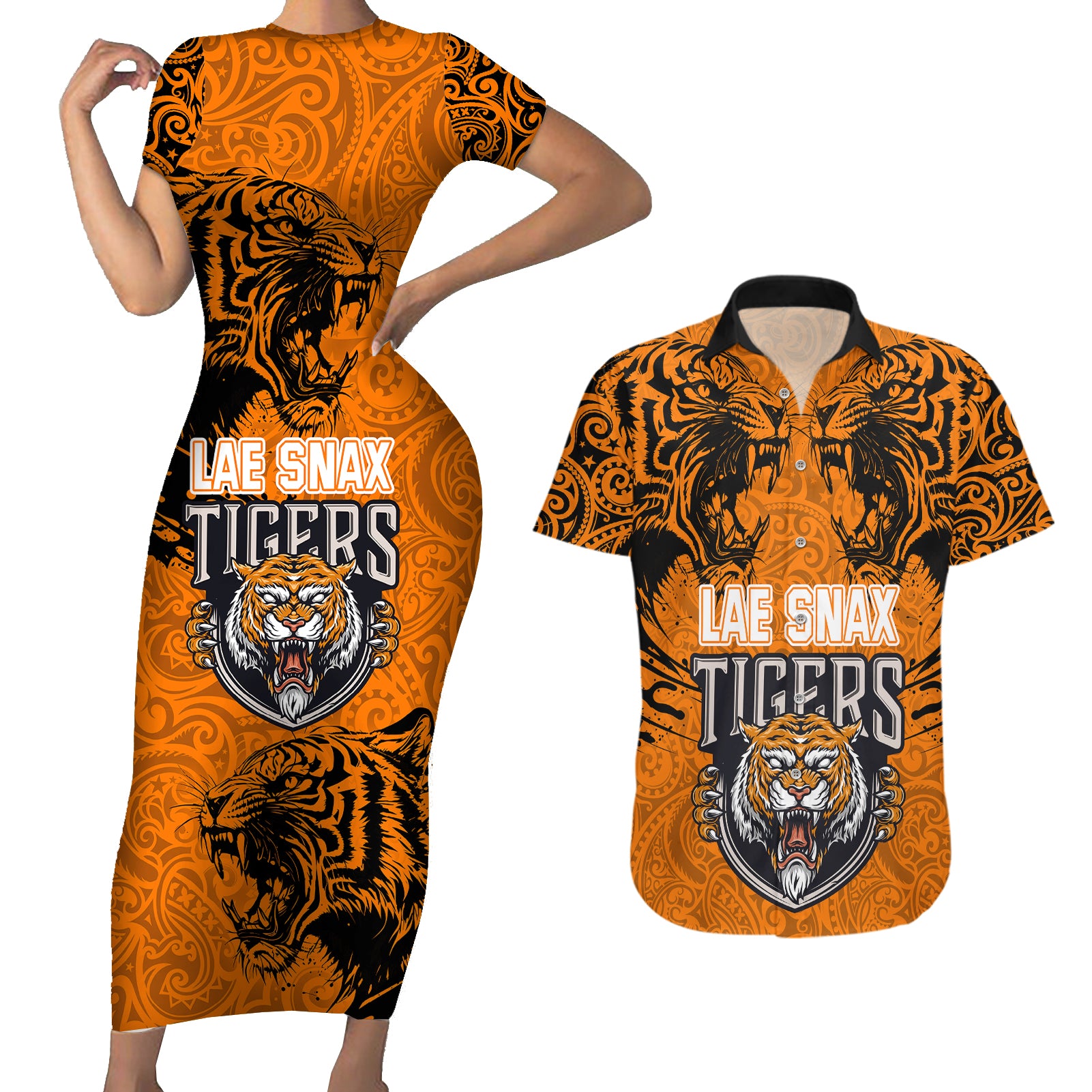 PNG Lae Snax Tigers Rugby Couples Matching Short Sleeve Bodycon Dress and Hawaiian Shirt The Tigers Head and PNG Bird Polynesian Tattoo LT03 Orange - Polynesian Pride