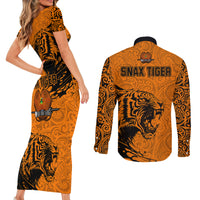 PNG Lae Snax Tigers Rugby Couples Matching Short Sleeve Bodycon Dress and Long Sleeve Button Shirts The Tigers Head and PNG Bird Polynesian Tattoo LT03 - Polynesian Pride