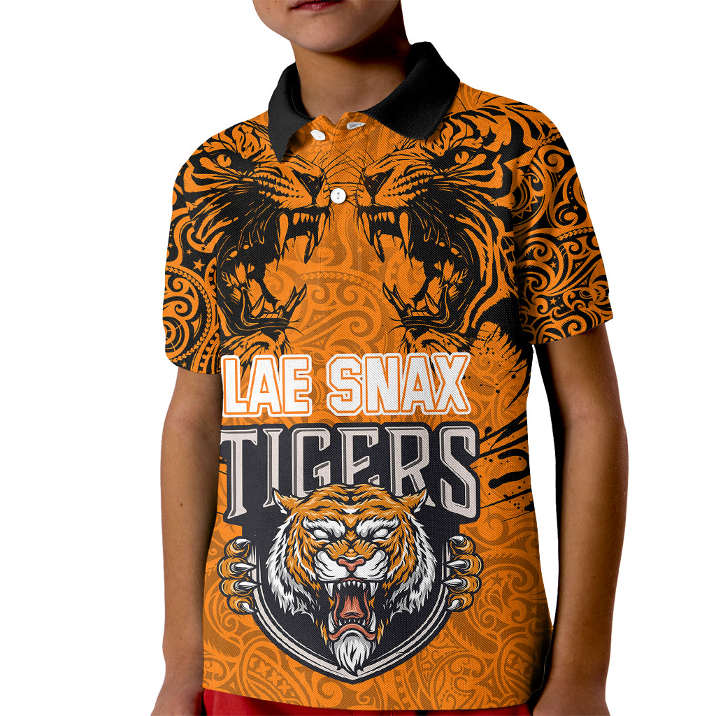 PNG Lae Snax Tigers Rugby Kid Polo Shirt The Tigers Head and PNG Bird Polynesian Tattoo LT03 Kid Orange - Polynesian Pride