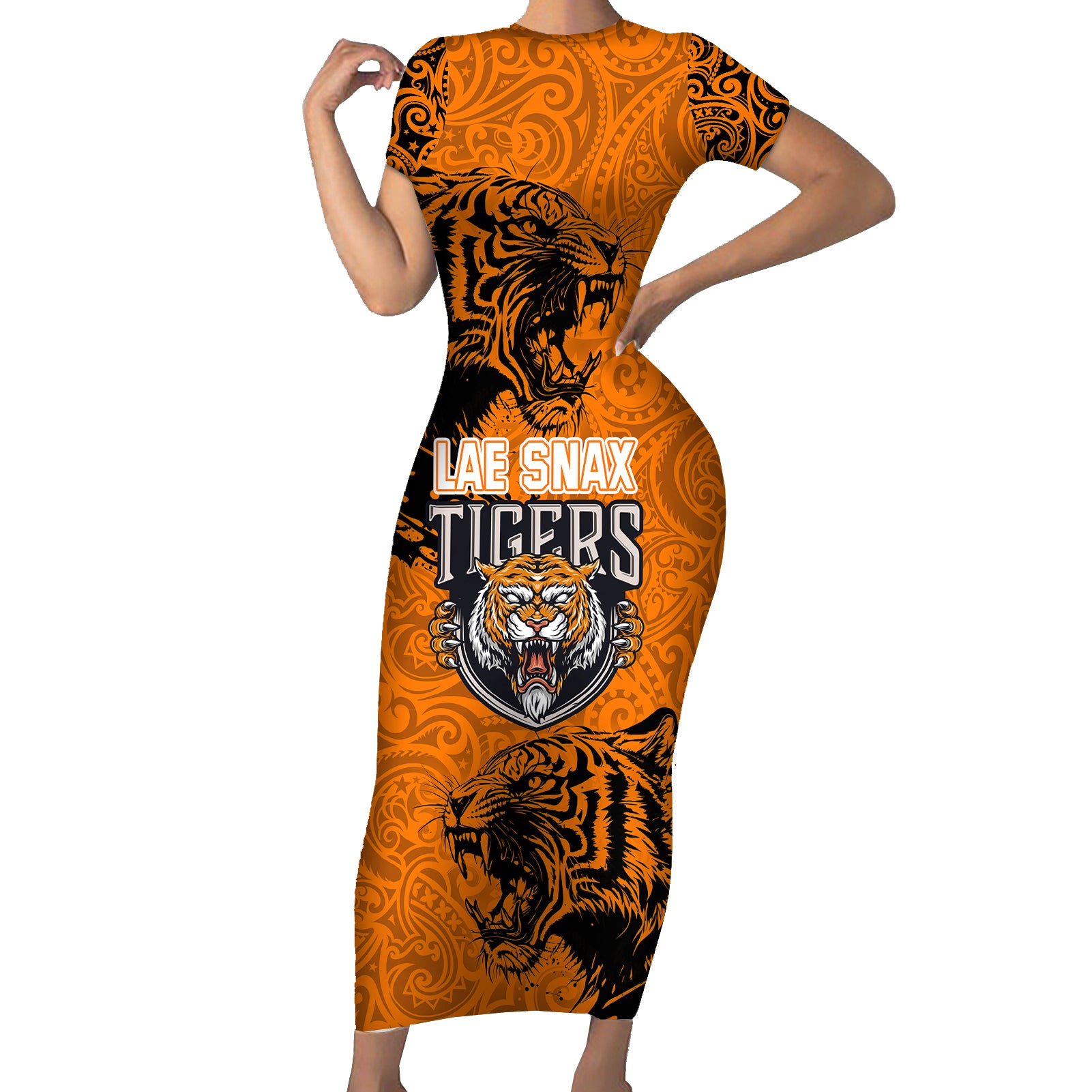 PNG Lae Snax Tigers Rugby Short Sleeve Bodycon Dress The Tigers Head and PNG Bird Polynesian Tattoo LT03 Long Dress Orange - Polynesian Pride