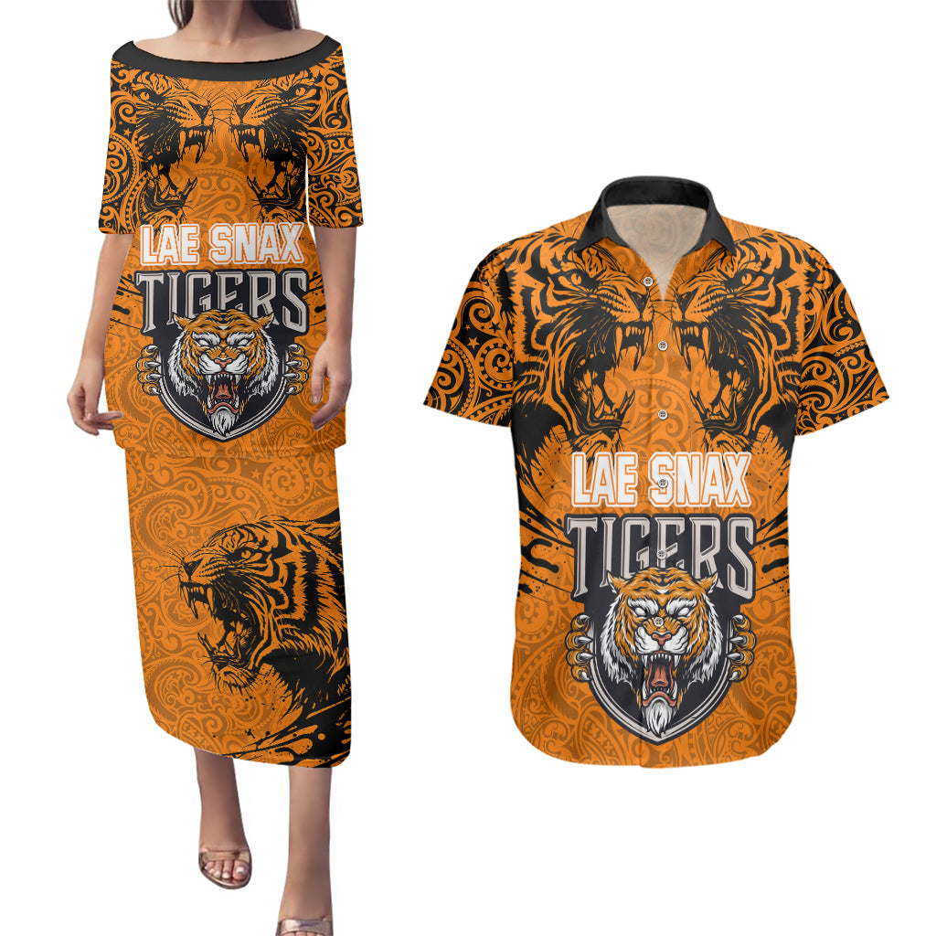Custom PNG Lae Snax Tigers Rugby Couples Matching Puletasi Dress and Hawaiian Shirt The Tigers Head and PNG Bird Polynesian Tattoo LT03 Orange - Polynesian Pride