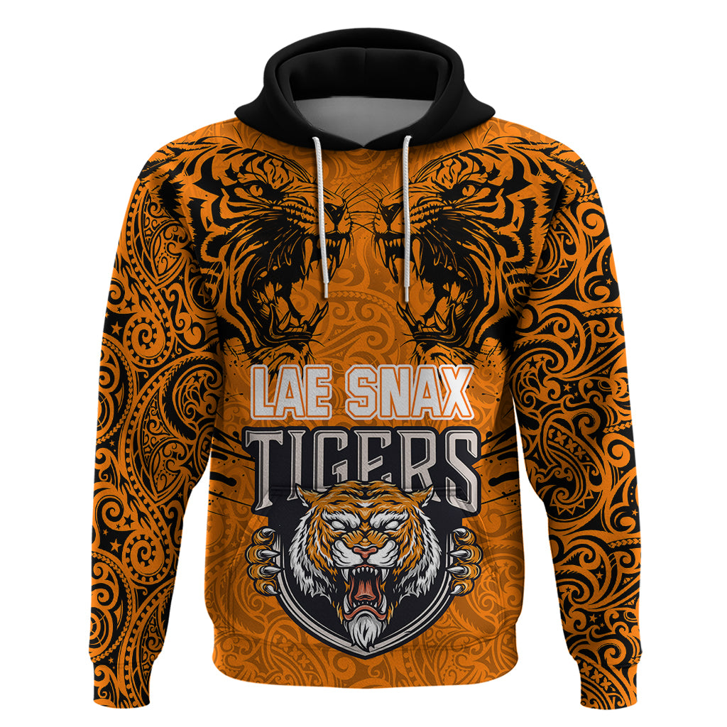 Custom PNG Lae Snax Tigers Rugby Hoodie The Tigers Head and PNG Bird Polynesian Tattoo LT03 Pullover Hoodie Orange - Polynesian Pride